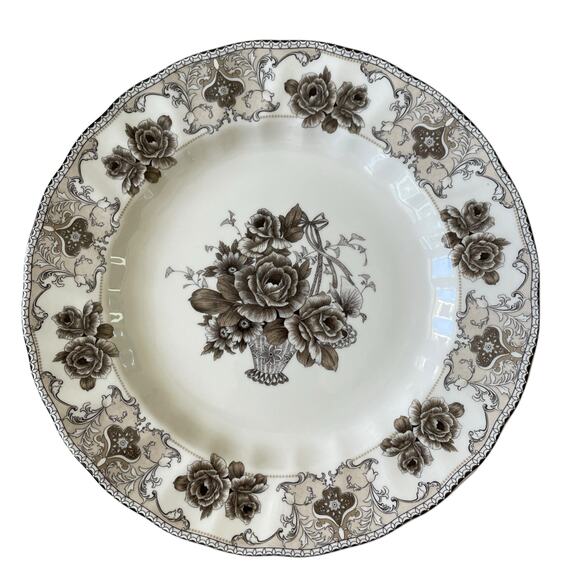 4pc Palate & Plate Victorian BROWN Rose Floral 10.5" Dinner Plates Scalloped New - Picture 1 of 15